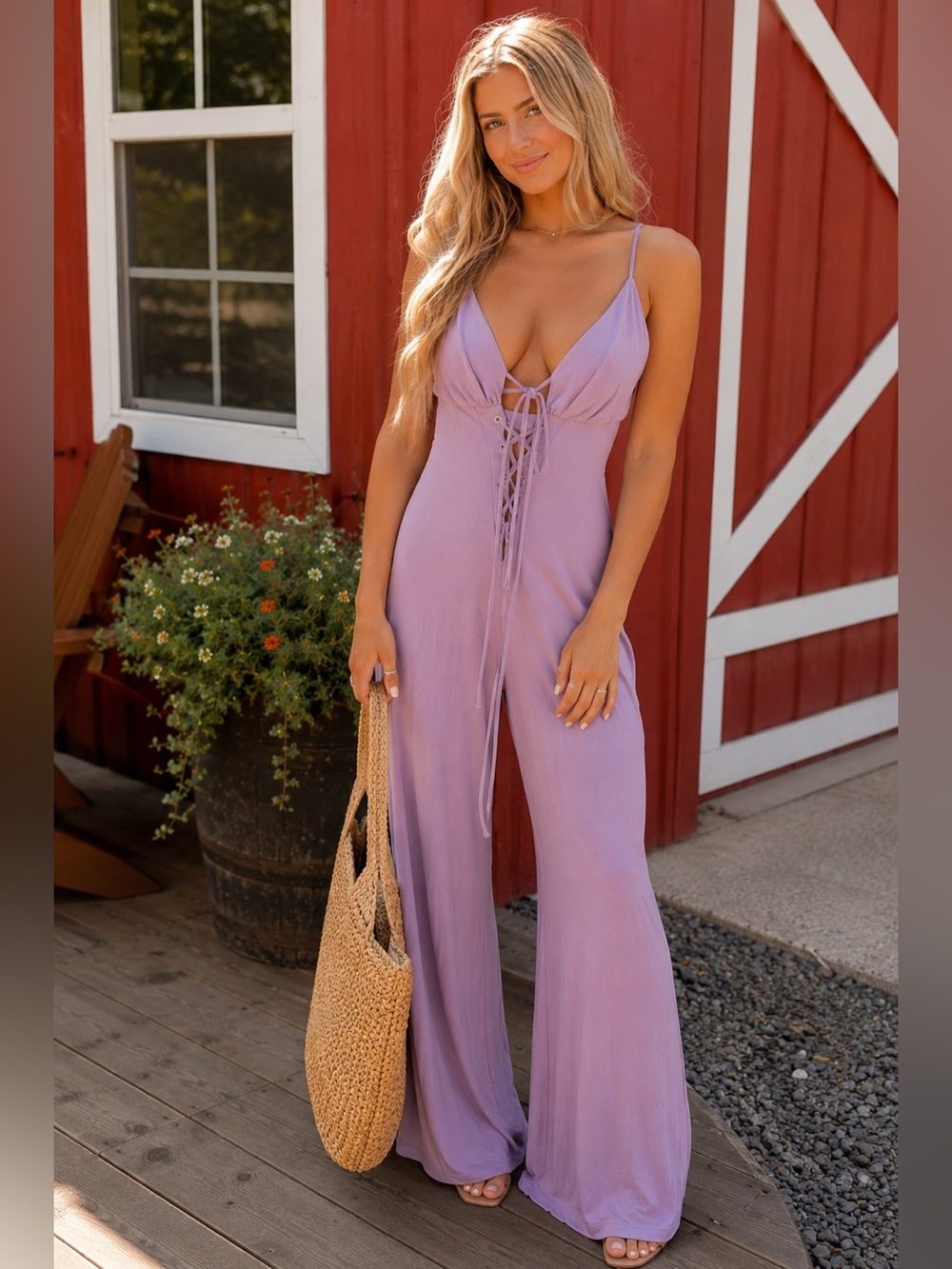 MAGIA U.S.A. Lilac Lace-Up Wide Leg Jumpsuit | Medium